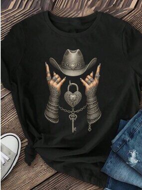 Western Chic Graphic Tee Cowboy Hat & And Heart Lock Tattoo Design
